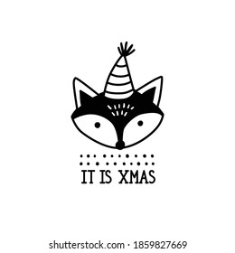 Doodle fox Christmas illustration. It is Xmas. Holidays vector illustration in sketch style. Cute animal and hand drawn lettering phrase.