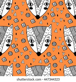 Doodle fox seamless pattern on orange background