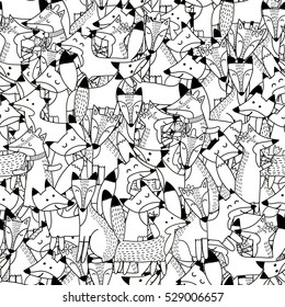 Doodle foxes seamless pattern. Black and white cute foxes background. Great for coloring book, wrapping, printing, fabric and textile. Vector illustration