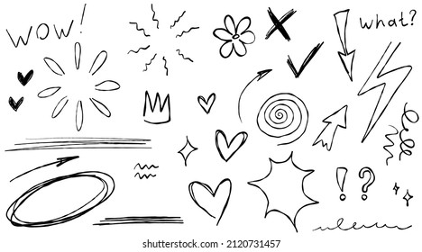 Doodle frame arrows flowers stars hearts question text crown. Sketch set cute isolated line collection for office.