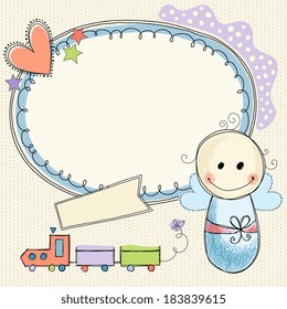 Doodle frame banner with baby boy. Seamless background.