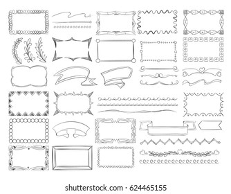 Doodle frame borders, hand drawn ribbon banners and sketch design decoration elements vector set. Frame and branch, ribbon and curl elements, illustration of creativity decoration frames
