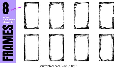 Doodle frame with charcoal scratch and grainy texture for story photo borders. Hand drawn grunge doodle frame and rough scribble overlay. Vector grange urban wall sketch pack isolated on white bg.