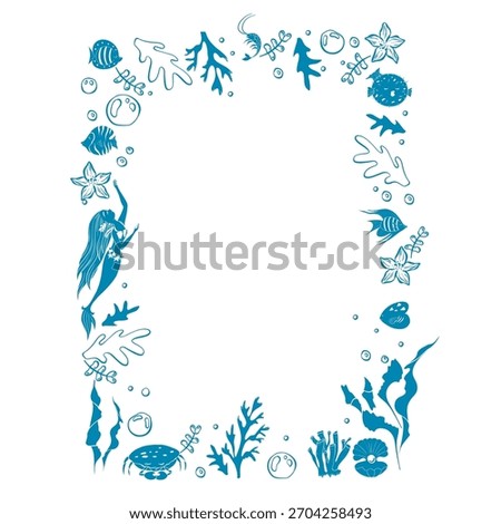 Doodle frame of fish, mermaid, shells, pearls, seaweed and bubbles. Frame on the theme of sea vacation. Vector illustration