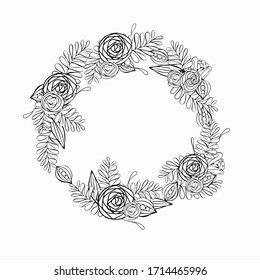 Doodle Rahmen von Blumen. Ein Kreis. Vektorillustration einzeln auf weißem Hintergrund. Freehand Stil. Für Design-Postkarten, mit Platz für Text. Färben.
