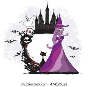 doodle frame , Halloween witch,bones, bats, skulls 