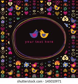 Doodle frame and heart bird flower seamless pattern on dark background. Hand drawn vector illustration.