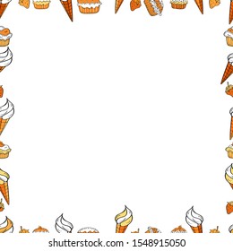 Doodle frame. Illustration in white and orange colors. Vector illustration. Seamless pattern.