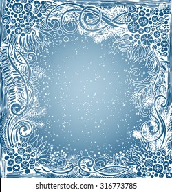 Doodle frame. Frame made of various fir branches, snowflakes and Christmas decoration. Abstract Christmas background.