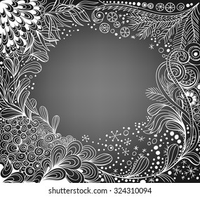 Doodle frame. Frame made of various fir branches, snowflakes and Christmas decoration. Abstract Christmas background. Vector illustration contains gradient meshes.