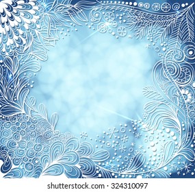Doodle frame. Frame made of various fir branches, snowflakes and Christmas decoration. Abstract Christmas background. Vector illustration contains gradient meshes.
