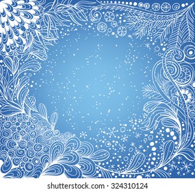 Doodle frame. Frame made of various fir branches, snowflakes and Christmas decoration. Abstract Christmas background. Vector illustration contains gradient meshes.