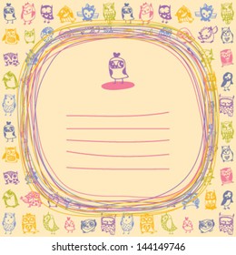 Doodle frame and owls seamless colourful background. Hand drawn vector illustration.