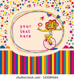 Doodle frame and seamless children background with juggling lion by bicycle. Place for text. Hand drawing. Vector illustration.
