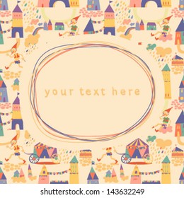 Doodle frame and seamless children background with houses