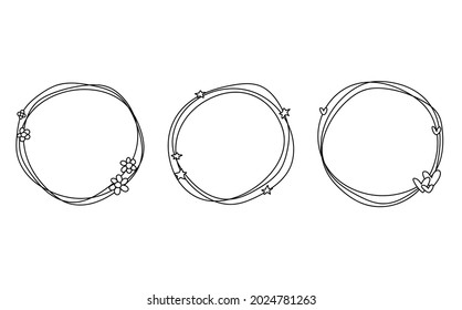 Doodle frame set hand drawn. Round lines with flowers, stars, hearts. Valentine's Day, for a wedding collection.