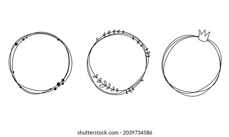 Doodle frame set hand drawn. Round lines with leaves, circles, crown for a baby collection.