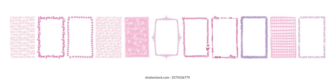 Doodle frame set, hand drawn pink scribble border, romantic vector Valentine day decoration design. Abstract cute minimal background, colorful pencil squiggle wax crayon stroke. Grunge doodle frame