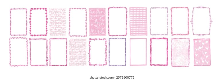 Doodle frame set, vector hand drawn scribble border, romantic Valentine day decoration pink design. Abstract cute minimal background, colorful pencil squiggle wax crayon stroke. Grunge doodle frame