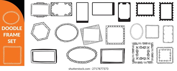 Conjunto de marco Doodle, borde de sello dibujado a mano de Vector, diseño simple de sello de poste ondulado abstracto vintage. Etiqueta decorativa azul del rectángulo, colección vacía de la forma del Anuncio. Marco de doodle de matasellos retro costero