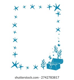 Doodle frame of shells, corrales, treasure chest and bubbles. Frame on the theme of sea vacation. Vector illustration.