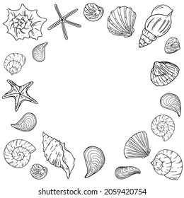 Doodle frame with starfish and seashells, hand-drawn sea symbols. Fossils painted by ink, pen.Line, minimalism.Simple sketchy template. Isolated. Vector illustration.