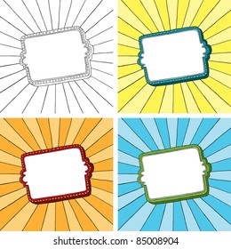 Doodle frame with sunbeam radial background. Easy to edit. Background and frame are separate illustrations. Four doodle frames with sunbeam radial background.