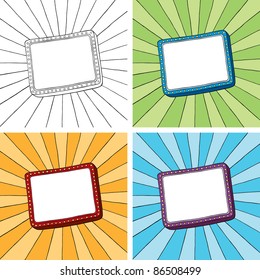 Doodle frame with sunbeam radial background. Easy to edit. Background and frame are separate illustrations. Four doodle frames with sunbeam radial background.