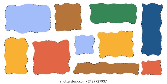 Doodle frame textbox and background in hand drawn style. Set geometric abstract border with wavy pattern. Flat vector illustration on isolated backdrop.