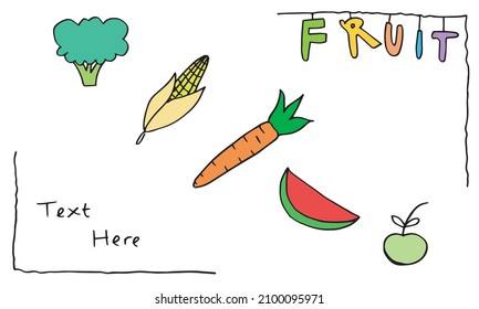 Doodle Frame from vegetables and fruits.Vector Colorful Food Set on white background.