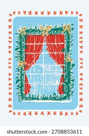 Doodle Enmarcado Póster Ventana de Navidad con decoración de ramas de pino