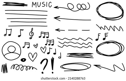 Doodle frames arrows music stars hearts notes text. Sketch set cute isolated line collection for school.