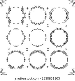 doodle frames with leaves and curlicues. round frames for decoration. a set of 9 frames