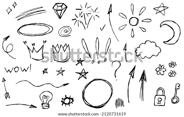 Doodle frames line arrows flowers stars diamond\
question text crown. Sketch set cute isolated line collection for\
office.