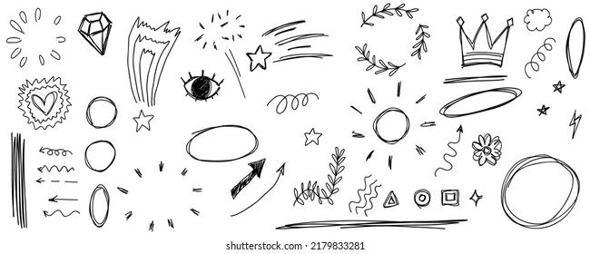 Doodle frames line arrows, scribble, stars, diamond, crown. Sketch set cute isolated collection.