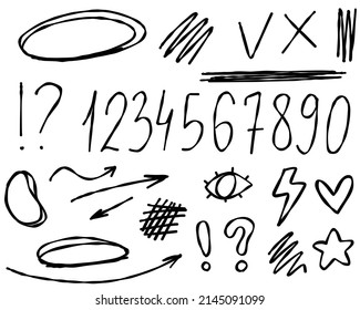 Doodle frames line arrows star question text. Sketch set cute isolated line collection for office.