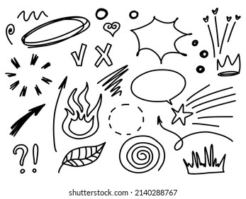 Doodle frames line arrows stars diamond crown fire yes or no question text. Sketch set cute isolated line collection for office.