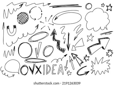 Doodle frames, line arrows, stars. Sketch, scribble set, cute isolated collection for office, school, stickers.