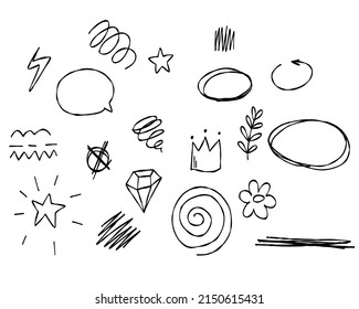 Doodle frames line flower, star, diamond, crown. Sketch set cute isolated line collection for office.