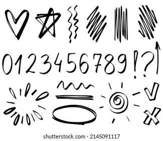 Doodle frames line numbers star question. Sketch set cute isolated line collection for office.