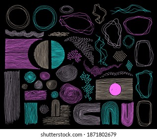 Doodle frames, lines and dots texture backgrounds vector collection. Pencil drawn fingerprint abstract design elements. Line frames, grunge dot particles shapes. Cartoon ink graphic.