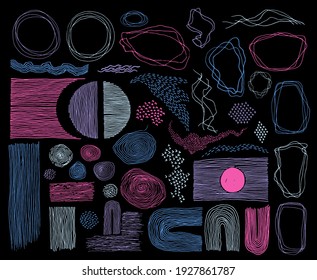 Doodle frames, lines and dots texture backgrounds vector collection. Pen drawn fingerprint abstract design elements. Line frames, grunge dot particles shapes. Minimal linear handdrawn set