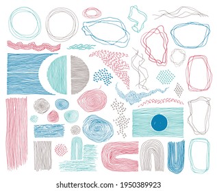 Doodle frames, lines and dots texture backgrounds vector collection. Pen drawn fingerprint abstract design elements. Vintage line frames, grunge dot particles shapes. Cartoon ink graphic.