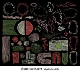 Doodle frames, lines and dots texture backgrounds vector collection. Pen drawn fingerprint abstract design elements. Vintage line frames, grunge dot particles shapes. Curve freehand stripes.
