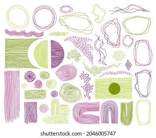 Doodle frames, lines and dots texture backgrounds vector collection. Pencil drawn fingerprint abstract design elements. Line frames, grunge dot particles shapes. Minimal linear handdrawn set