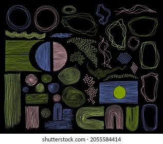 Doodle frames, lines and dots texture backgrounds vector collection. Pen drawn fingerprint abstract design elements. Line frames, grunge dot particles shapes. Minimal linear handdrawn set