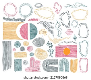 Doodle frames, lines and dots texture backgrounds vector collection. Pencil drawn fingerprint abstract design elements. Vintage line frames, grunge dot particles shapes. Minimal linear handdrawn set