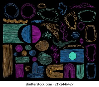 Doodle frames, lines and dots texture backgrounds vector collection. Pencil drawn fingerprint abstract design elements. Line frames, grunge dot particles shapes. Sketch grunge set.