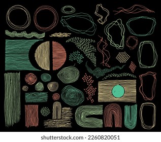 Doodle frames, lines and dots texture backgrounds vector collection. Pencil drawn fingerprint abstract design elements. Vintage line frames, grunge dot particles shapes. Cartoon ink graphic.