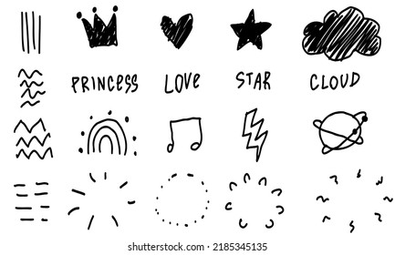 Doodle frames rays line scribble, star, cloud crown. Sketch set cute isolated elements collection.